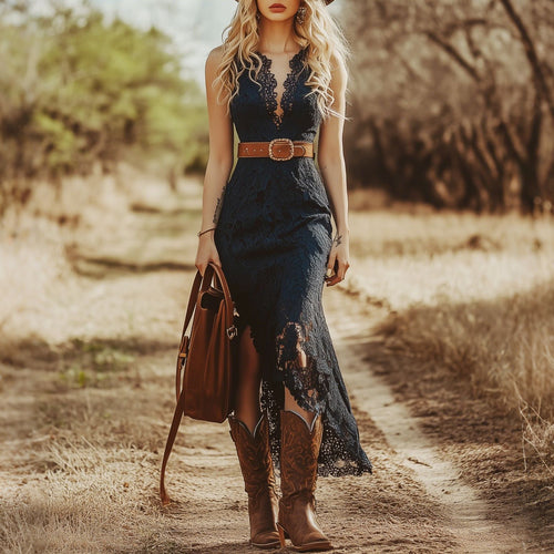 Damen Spitzen-Maxikleid mit floralem Design und Rüschendetails Drune