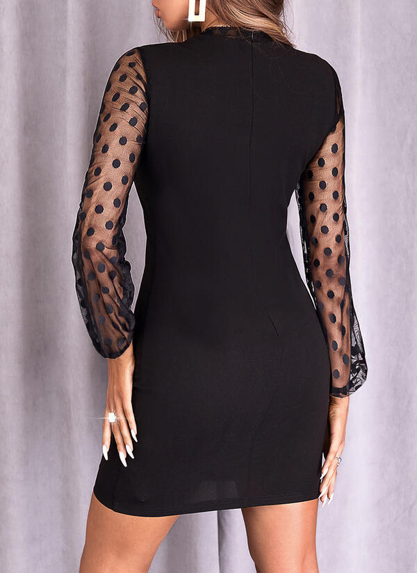 Damen schickes Partykleid mit transparenten Puffärmeln und Punkten Drune