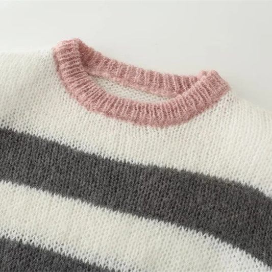 Damen Cropped Strickpullover mit maritimem Streifenmuster und Rundhalsausschnitt Drune
