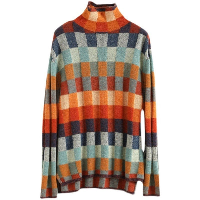 Damen Strickpullover mit modernem Karomuster und hohem Kragen Drune