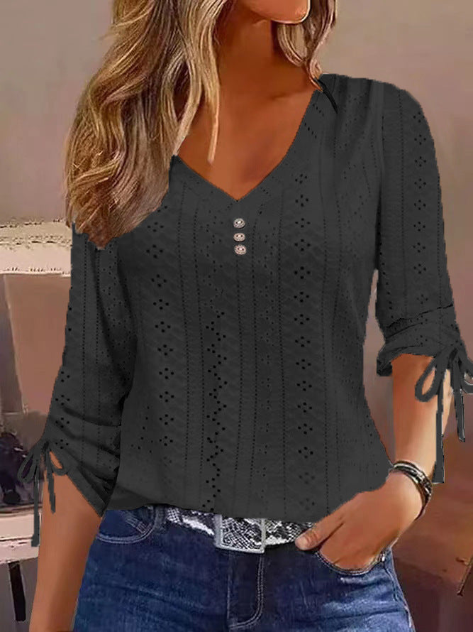 Damen Blusenshirt mit raffiniertem Lochmuster und Knopfdetails Drune