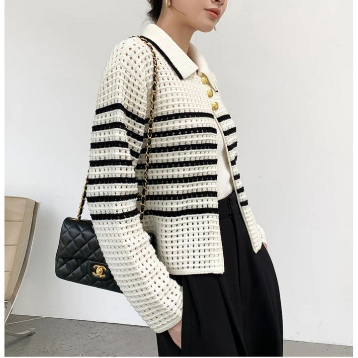Damen modische Strickjacke mit dekorativen Knöpfen und Streifenmuster Drune