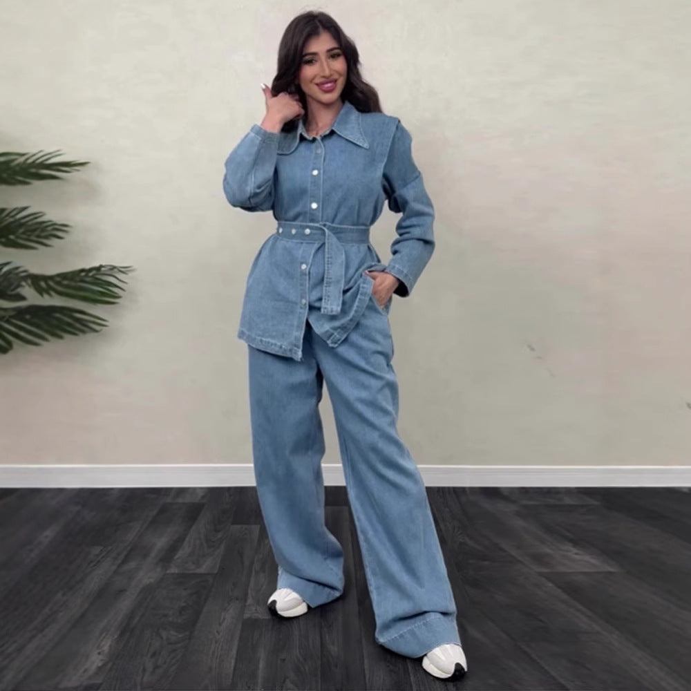 Damen Denim-Jumpsuit mit elegantem Gürtel und weitem Bein Drune