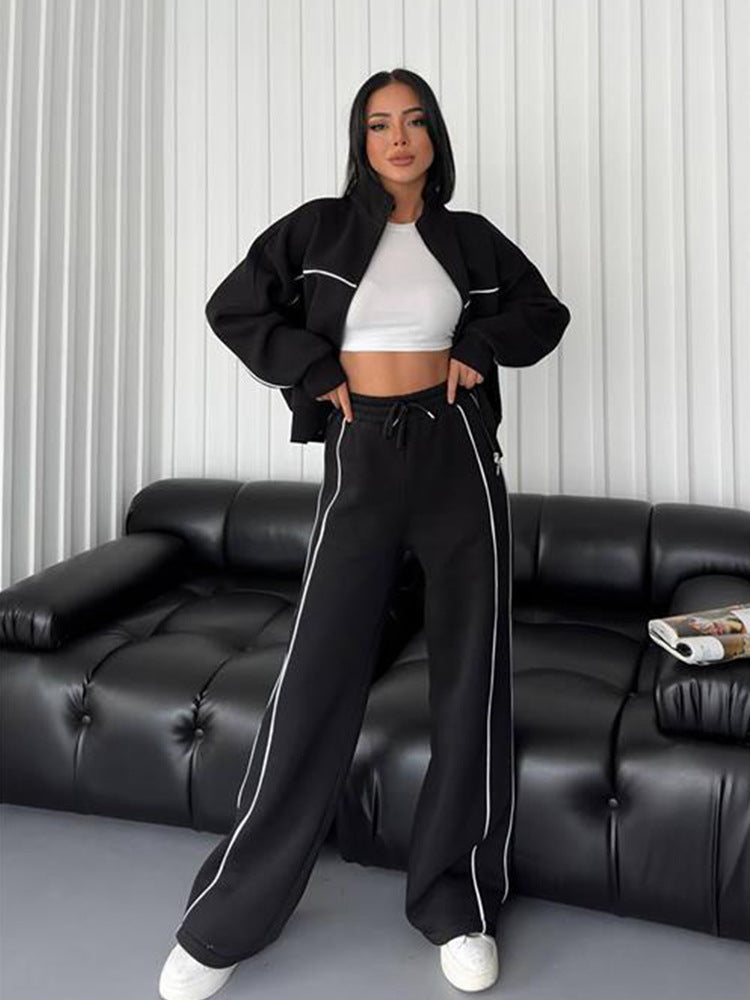 Damen nan Oversize Trainingsanzug Set mit Reißverschluss hohem Kragen und Kontrastpaspeln Drune