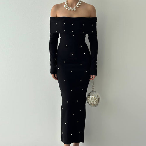 Damen schulterfreies Maxikleid mit eleganter Perlenverzierung und figurbetontem Schnitt Drune