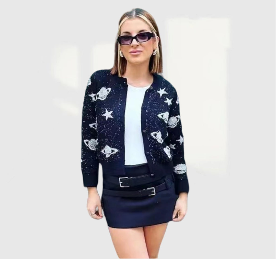 Damen modische Strickjacke mit auffälligem Sternen- und Planetenmotiv Drune