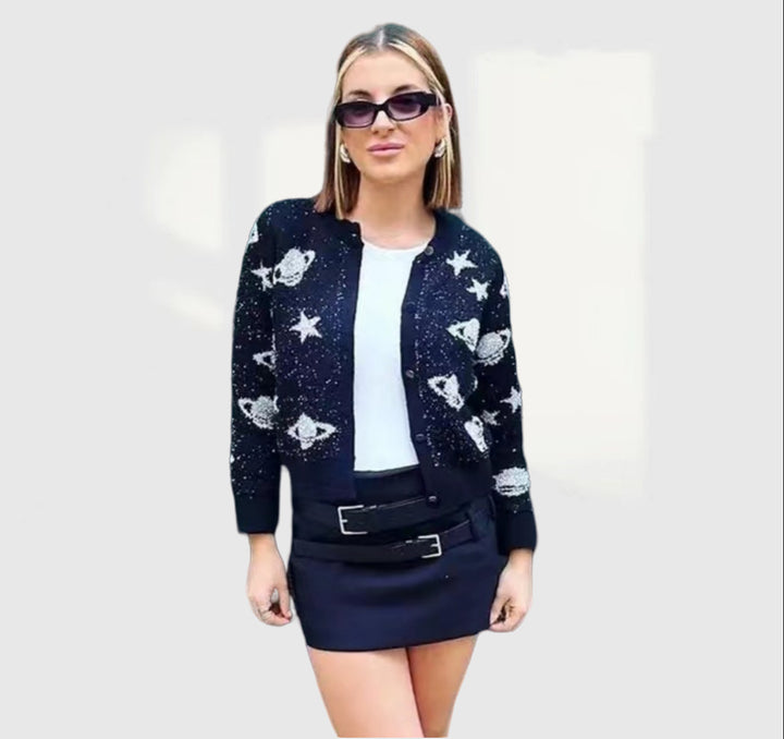 Damen modische Strickjacke mit auffälligem Sternen- und Planetenmotiv Drune