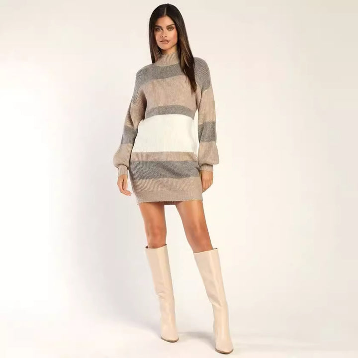 Damen Strickkleid mit modischem Rollkragen und Streifenmuster Drune