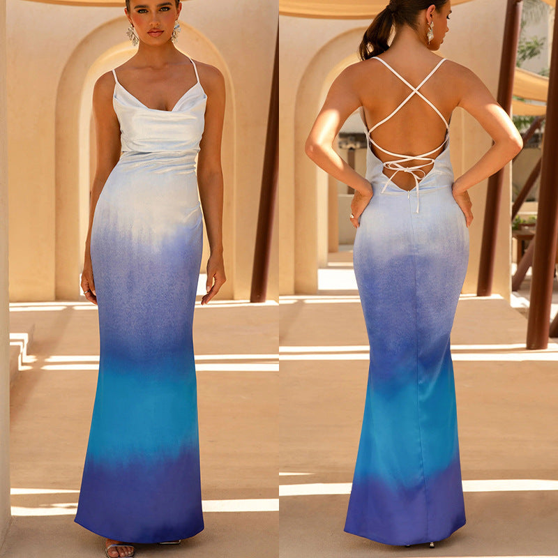 Damen Elegantes Maxikleid mit fließendem Stoff und tiefem V-Ausschnitt Drune