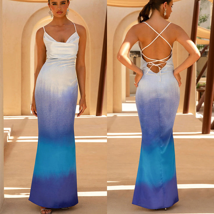 Damen Elegantes Maxikleid mit fließendem Stoff und tiefem V-Ausschnitt Drune