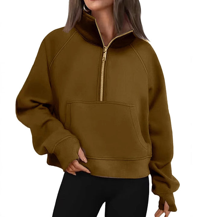 Damen nan kurzer Halfzip-Sweater mit hohem Stehkragen, Kängurutasche und verlängerten Daumenlöchern Drune