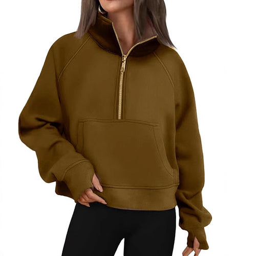 Damen nan kurzer Halfzip-Sweater mit hohem Stehkragen, Kängurutasche und verlängerten Daumenlöchern Drune