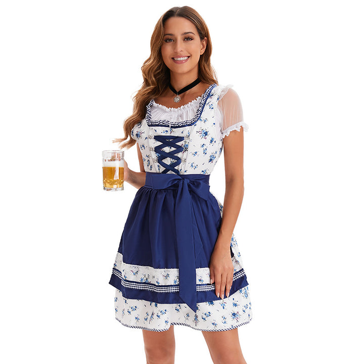 Damen nan kurzes Trachten-Dirndl mit Blumendruck, transparenten Ärmeln und taillierter Schürze Drune