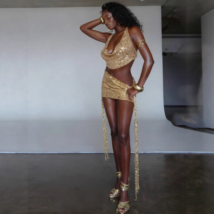 Damen Glitzerndes Abendkleid mit verstellbaren Trägern und asymmetrischem Schnitt Drune