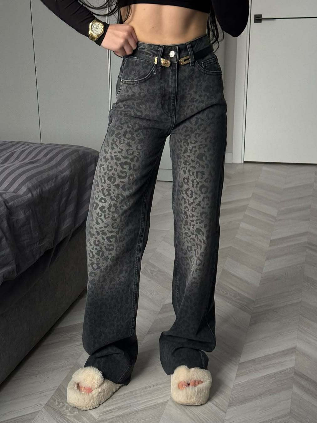 Damen Hochtaillierte Jeans mit Leopardenmuster und weitem Bein Drune