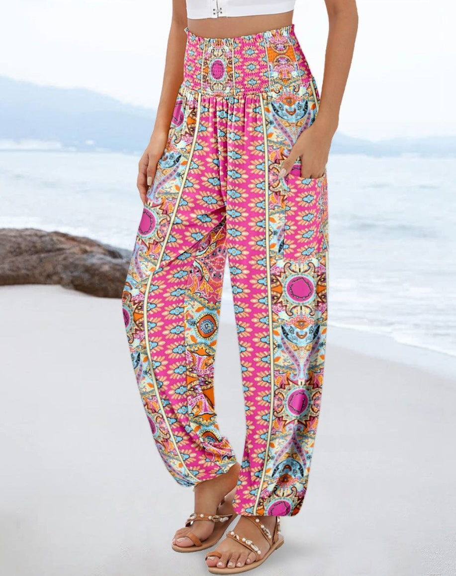 Damen weite Palazzo-Hose mit buntem Paisleymuster und elastischem Bund Drune