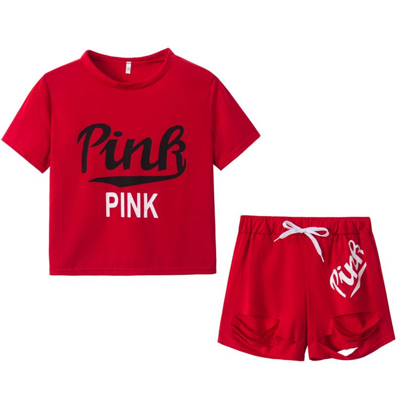Damen Sportliches T-Shirt und Shorts-Set mit weitem Schnitt und kontrastierenden Aufdrucken Drune