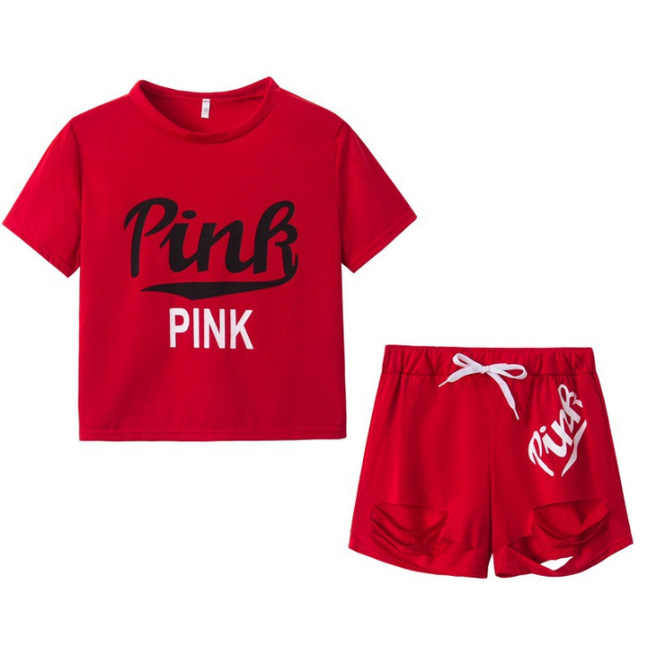 Damen Sportliches T-Shirt und Shorts-Set mit weitem Schnitt und kontrastierenden Aufdrucken Drune