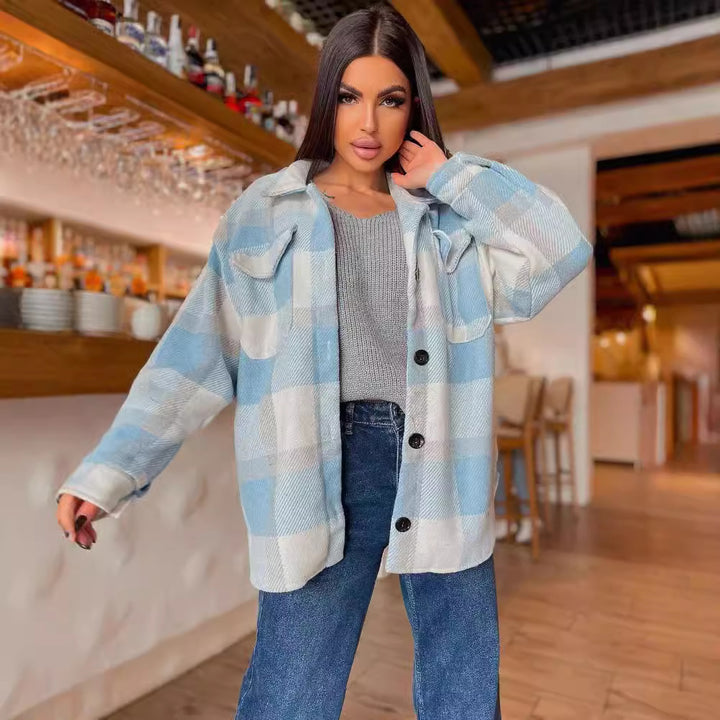 Damen Karierte overshirt mit weichem Fleece und Druckknopfverschluss Drune
