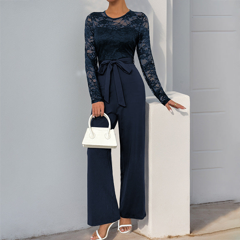 Damen eleganter Jumpsuit mit Spitzenoberteil und taillierbarem Gürtel Drune