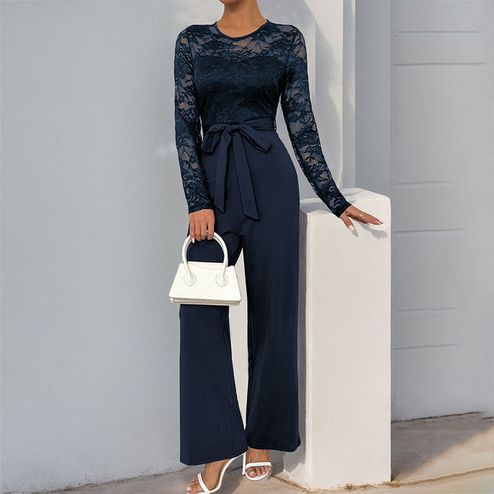 Damen eleganter Jumpsuit mit Spitzenoberteil und taillierbarem Gürtel Drune