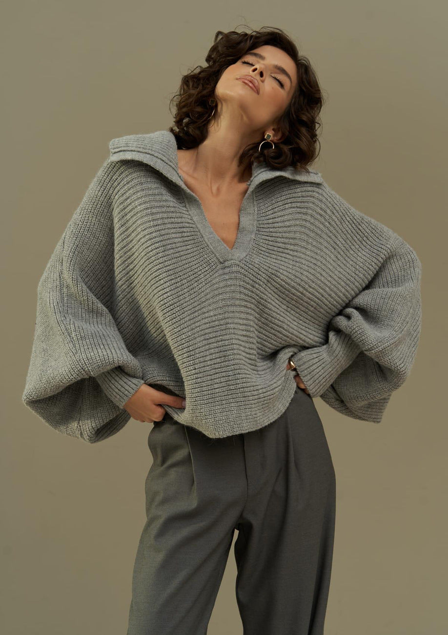 Damen lässiger Strickpullover mit oversized Kragen Drune