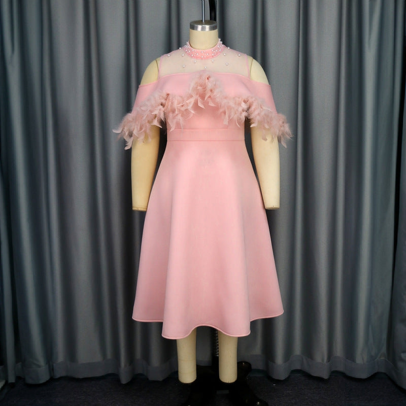 Damen elegantes Kleid mit transparenten Puffärmeln und dekorativen Federdetails Drune
