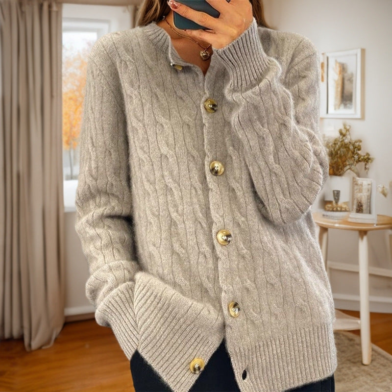 Damen Kaschmir Strickjacke mit Knopfverschluss und strukturiertem Zopfmuster Drune