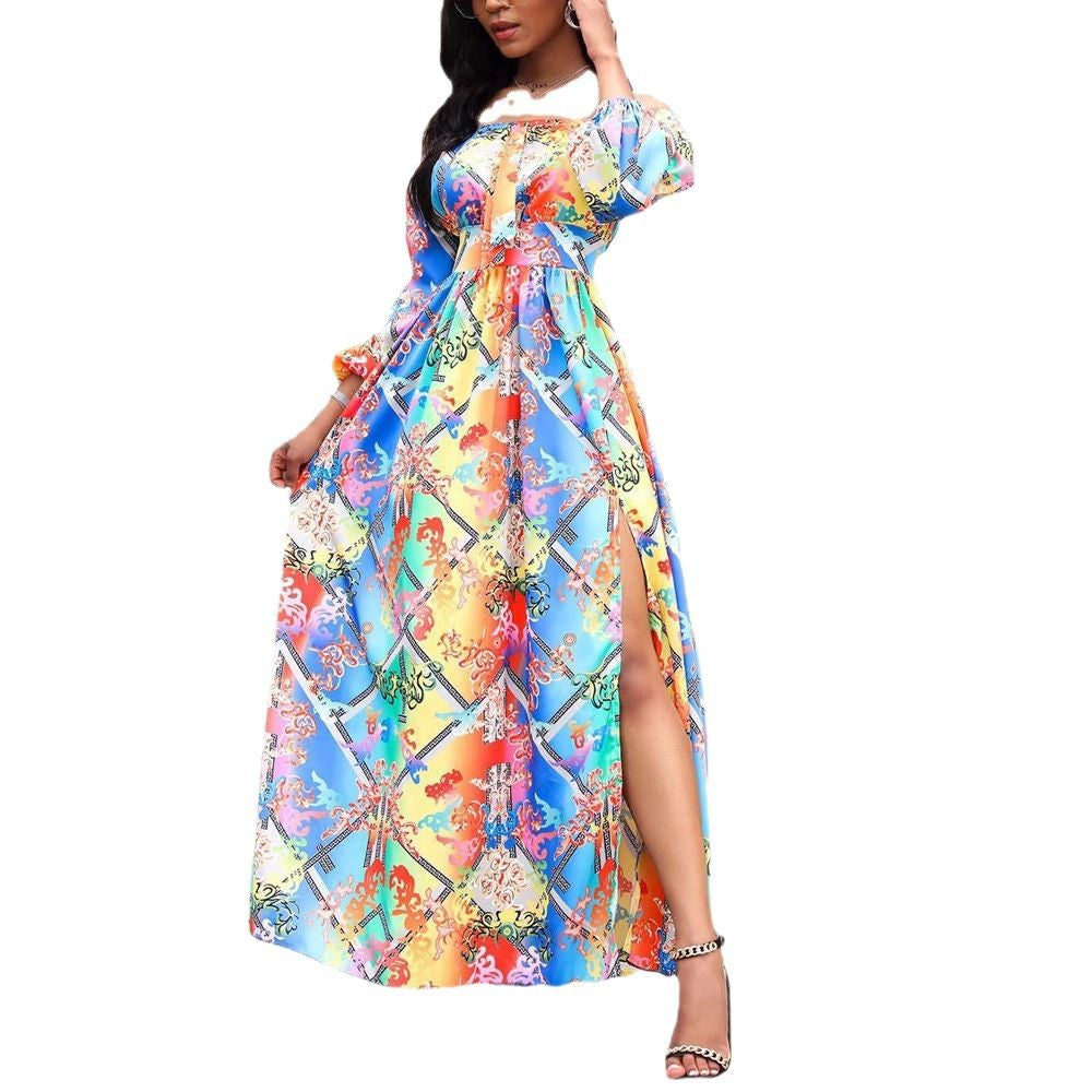 Damen Maxikleid mit schulterfreiem Design und elegantem Print Drune