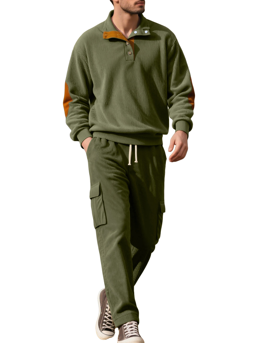 Herren nan strukturierter Troyer-Pullover mit Stehkragen Druckknopfleiste und Velours-Ellenbogenpatch Drune
