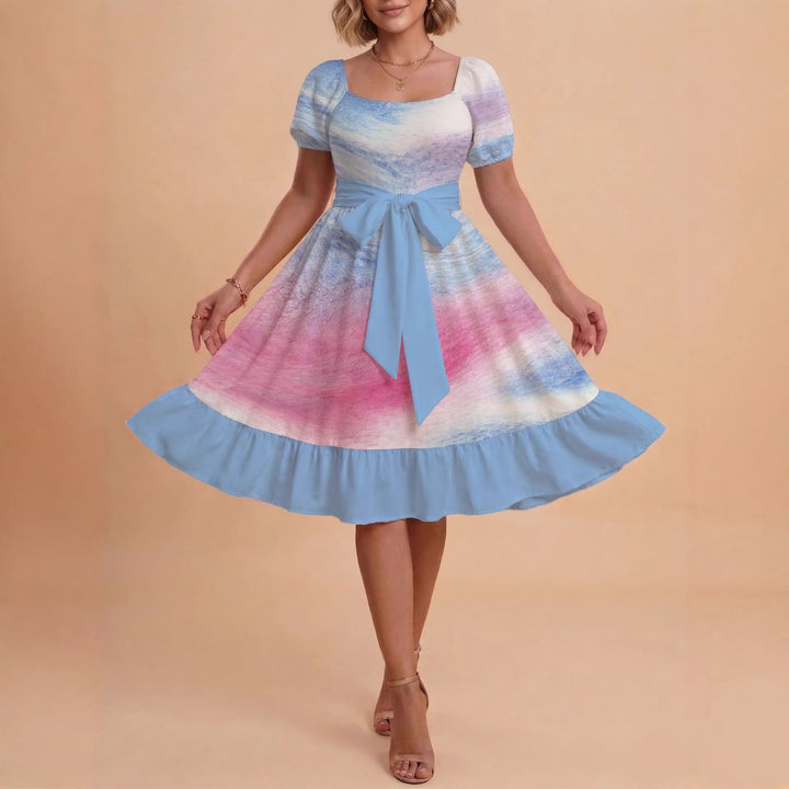 Damen Retro Maxikleid mit Puffärmeln und Taillengürtel Drune