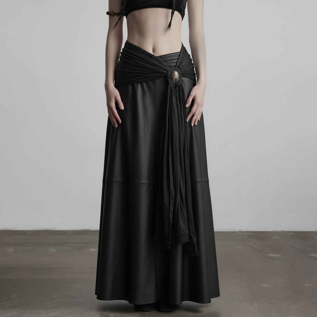 Damen eleganter Satin-Abendrock mit raffinierten Rüschen und Spitzenakzenten Drune