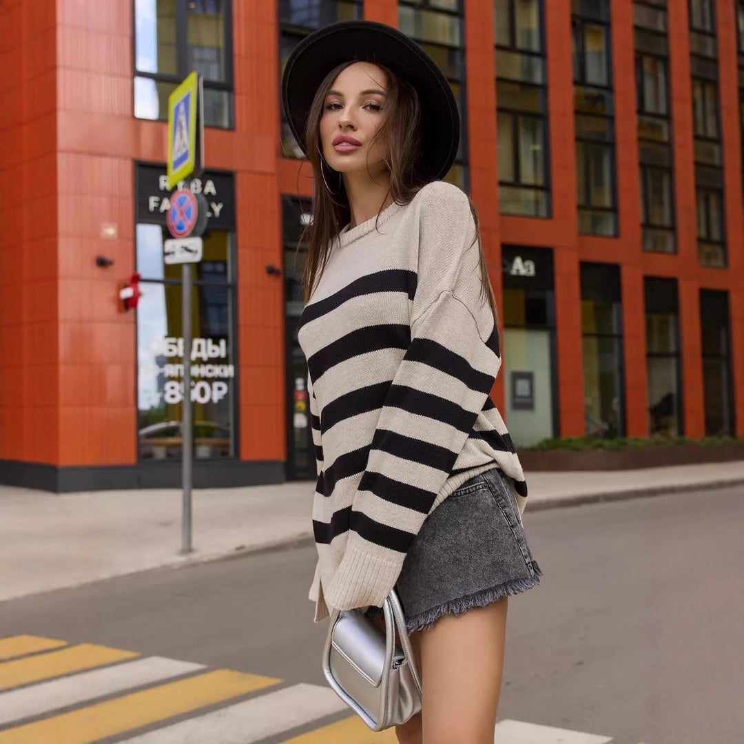 Damen Oversized Strickpullover mit modernem Streifenmuster und hohem Kragen Drune