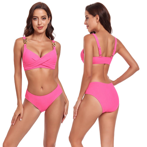 Damen Bikini-Set mit gekreuztem Oberteil und dekorativen Schnallen Drune