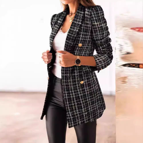 Damen nan taillierter kariert langer Blazer mit Doppelreiher und Schulterpolstern Drune