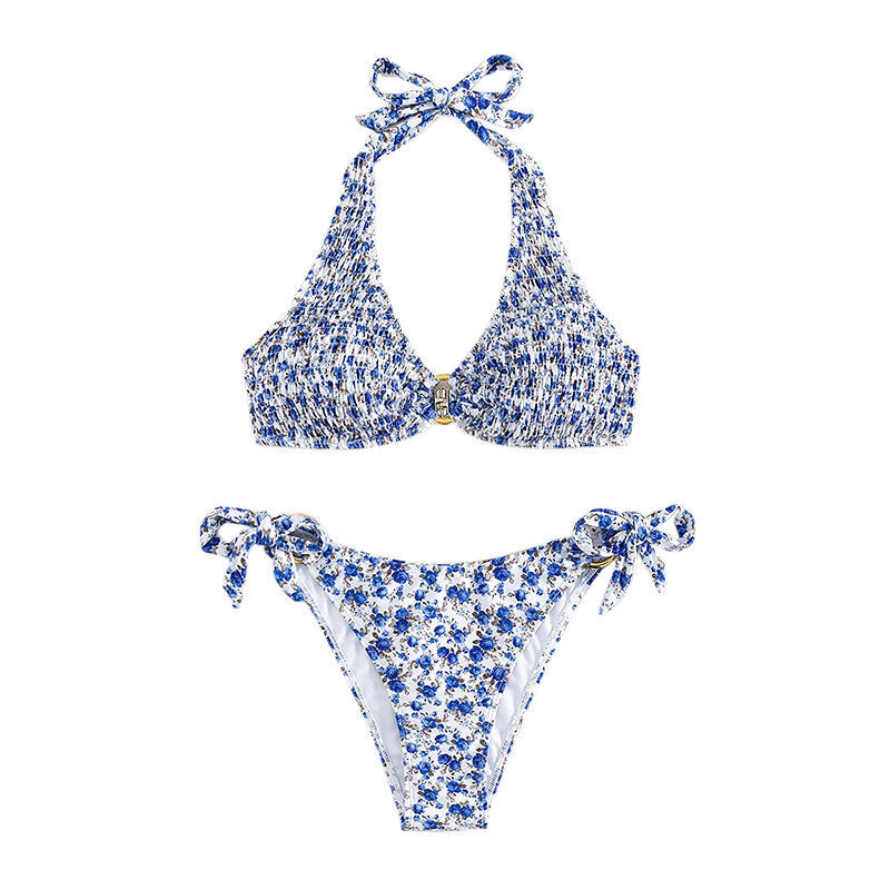 Damen Triangel-Bikini mit buntem Blumenmuster und verstellbaren Bindebändern Drune