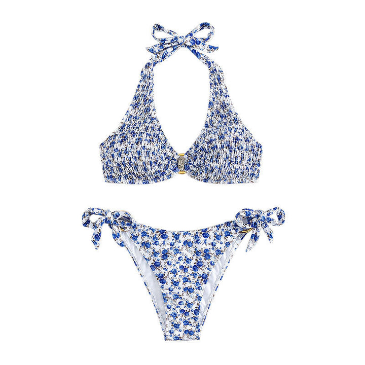 Damen Triangel-Bikini mit buntem Blumenmuster und verstellbaren Bindebändern Drune