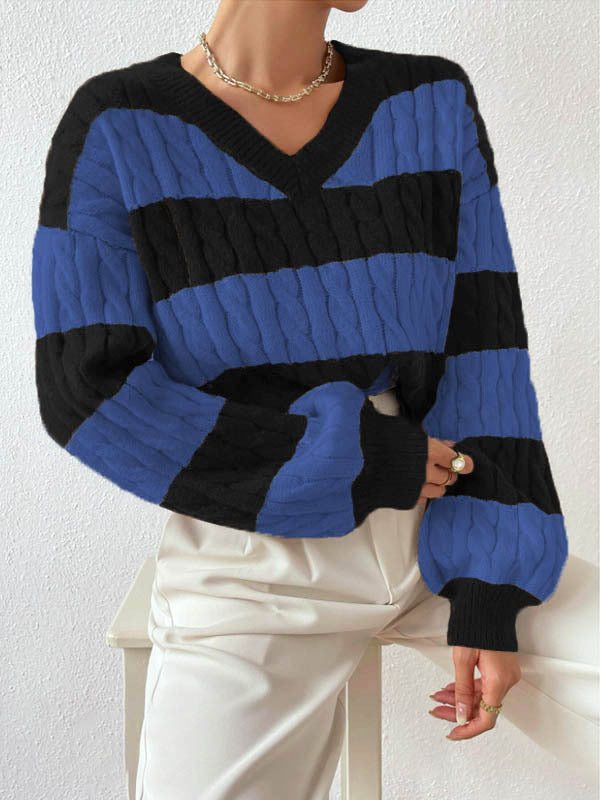 Damen Grobstrickpullover mit modischem V-Ausschnitt und buntem Streifenmuster Drune