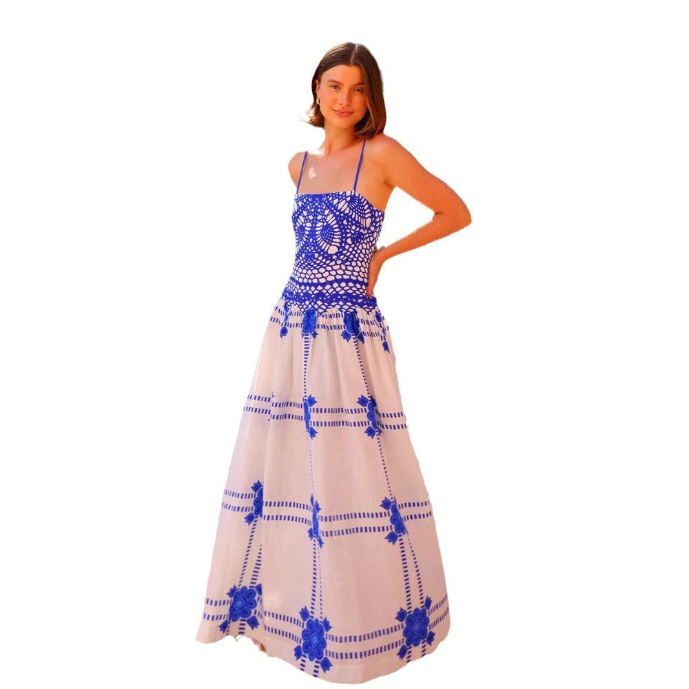 Damen Maxikleid mit innovativem Häkel-Oberteil und fließendem Rock Drune