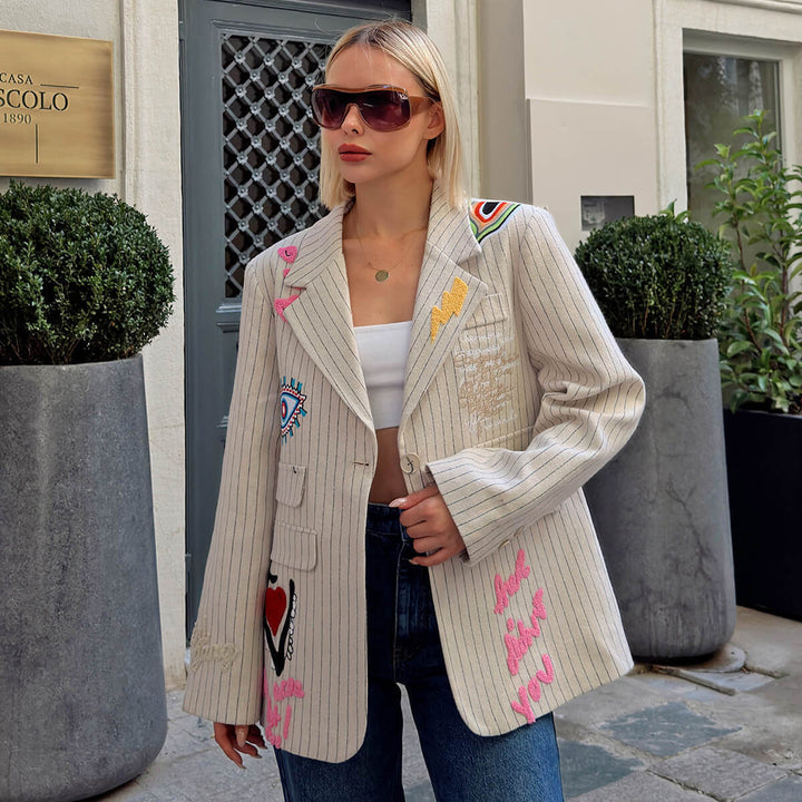 Damen Oversized Blazer mit kreativem Stickdesign Drune