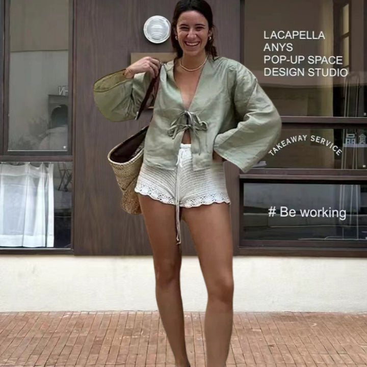 Damen kurzärmlige Jacke mit lässigem Bindegürtel Drune