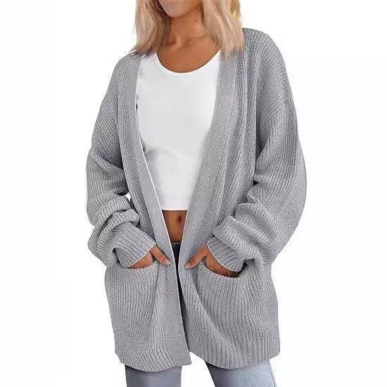 Damen lässige Strickjacke mit weiten Ärmeln und tiefem V-Ausschnitt Drune