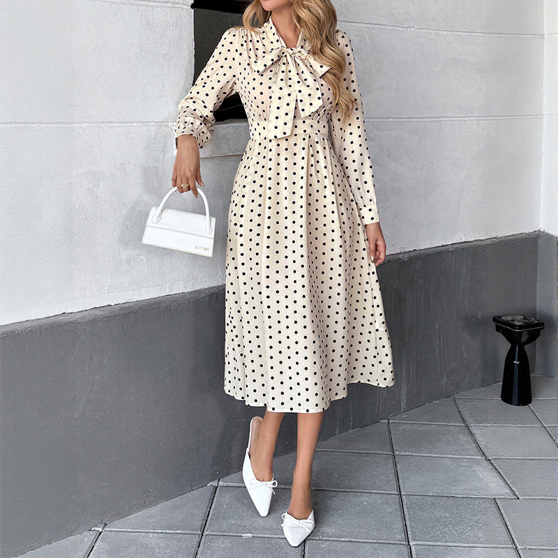 Damen Polka-Dot Midi-Kleid mit Bindekragen und langem Ärmeln Drune
