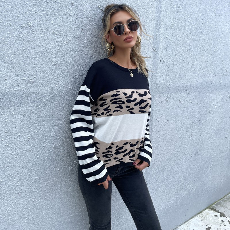 Damen lässiger Pullover mit gestreiften Ärmeln und Animal-Print Drune