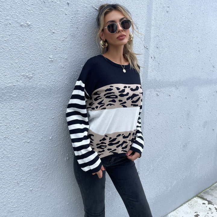 Damen lässiger Pullover mit gestreiften Ärmeln und Animal-Print Drune