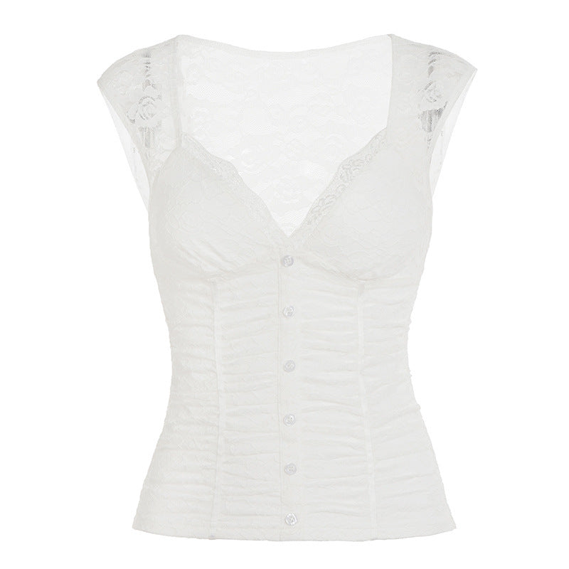 Damen Spitzen-Cropped-Top mit elegantem V-Ausschnitt und Rüschendetails Drune