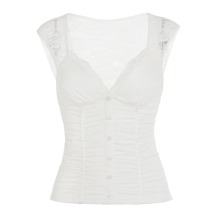 Damen Spitzen-Cropped-Top mit elegantem V-Ausschnitt und Rüschendetails Drune