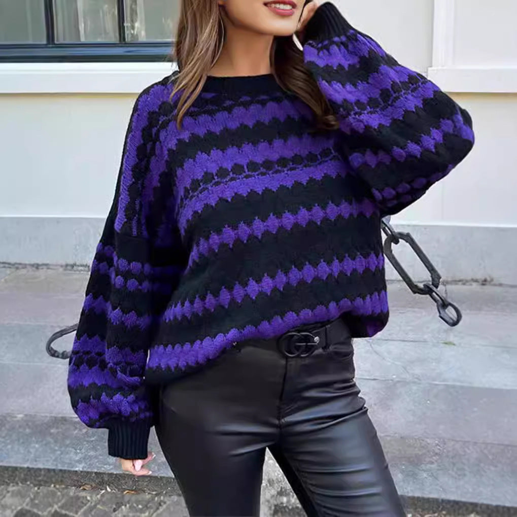 Damen trendiger Grobstrickpullover im modernen Muster mit lockeren Ärmeln Drune