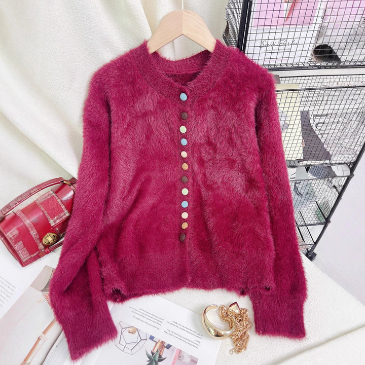 Damen flauschige Strickjacke mit bunten Knöpfen und weit geschnittenem Design Drune