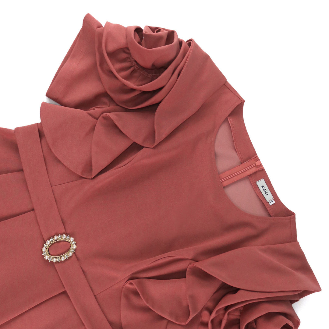 Damen Elegantes Midi-Kleid mit voluminösen Rüschenärmeln und funkelndem Schmuckdetail Drune